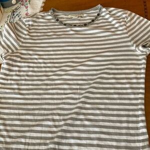 Banana Republic Gray and White Striped Top with Embellished Neckline